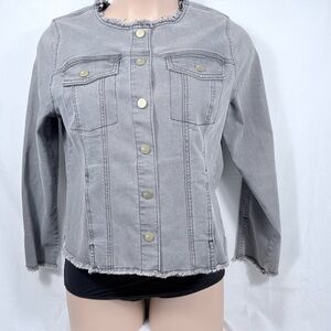 LOGO by Lori Goldstein Gray Lea Jean Jacket Sz 14 Casual Boho Chic Frayed Edges
